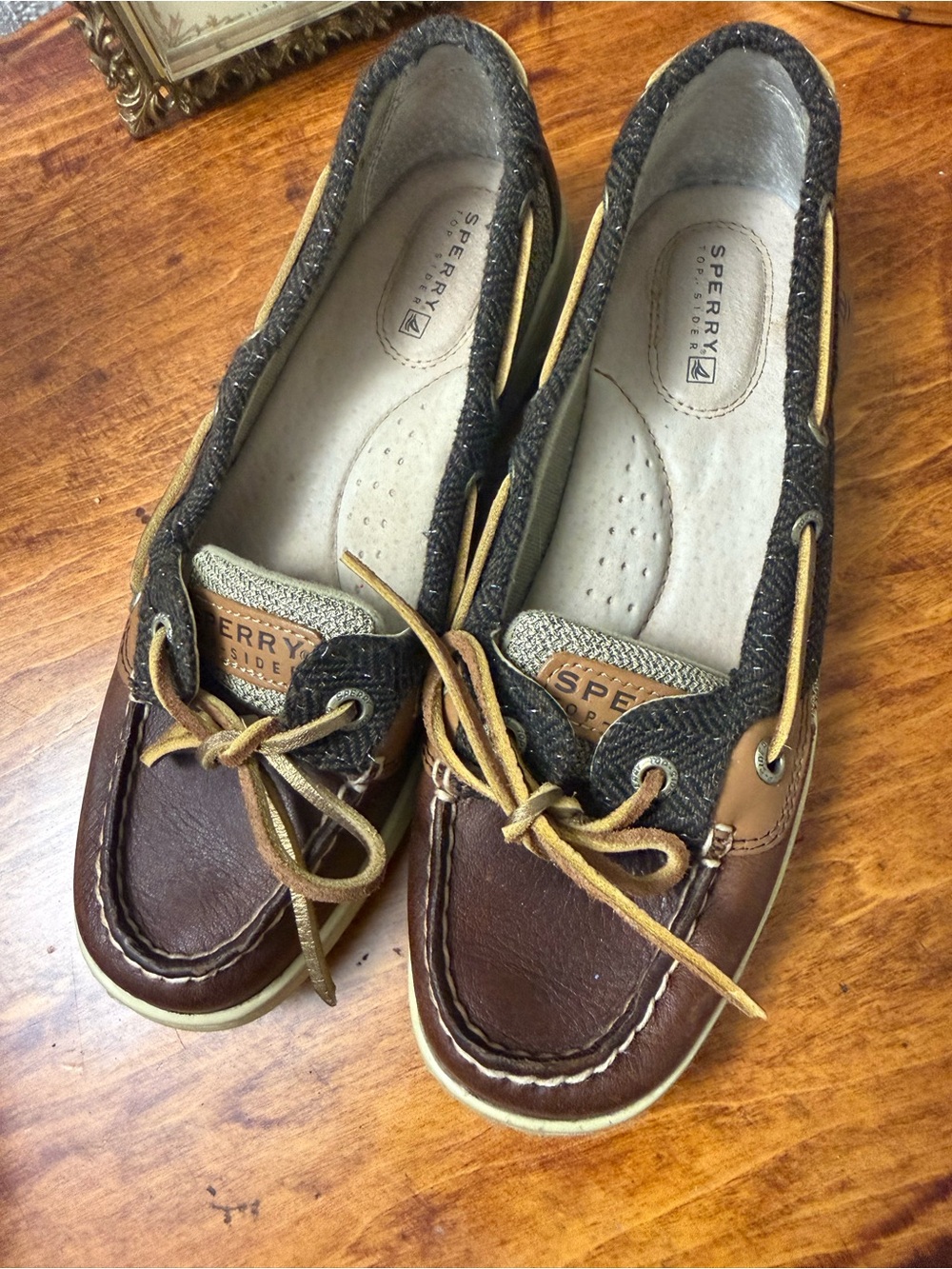 Sperry Brown Leather and Gray Textile Women's Moccasins with Tan Laces